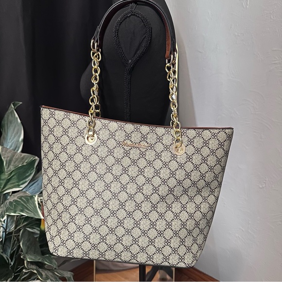 Montana West Handbags - Montana West Monogram Tote Bag | Brown & Cream | Gold Chain Strap